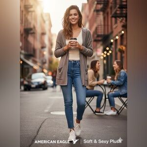 NWT American Eagle Outfitters Tan Soft & Sexy Plush Hooded Cardigan size M